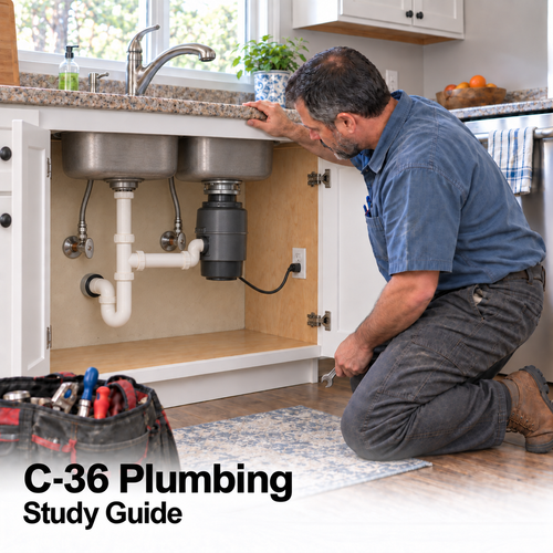C-36 Plumbing Study Guide — plumber inspecting a double-basin sink and garbage disposal