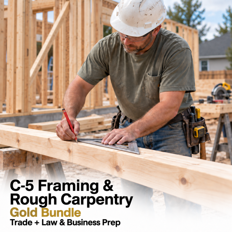 CSLB Framing and Rough Carpentry (C-5): Study Guide and Online Practice Exam + Law and Business Study Guide and Online Practice Exam cover